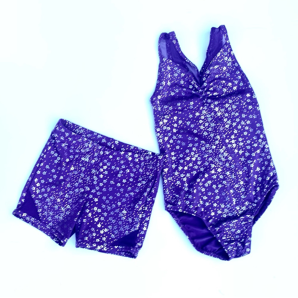 Danskin Now Girl’s Leotard & Shorts Set sz XS 4/5 Purple Stars